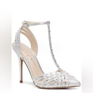 Jessica Simpson Silver T-Strap Crystal Embellished Pointed Toe Heels